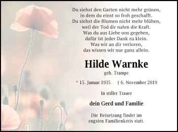 Traueranzeige von Hilde Warnke von Demminer Zeitung