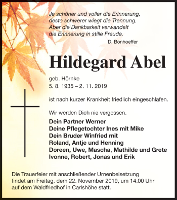 Traueranzeige von Hildegard Abel von Neubrandenburger Zeitung