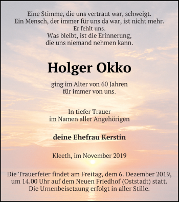 Traueranzeige von Holger Okko von Neubrandenburger Zeitung