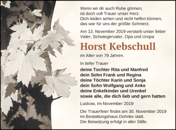 Traueranzeige von Horst Kebschull von Haff-Zeitung