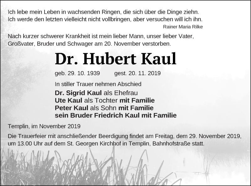  Traueranzeige für Hubert Kaul vom 26.11.2019 aus Templiner Zeitung