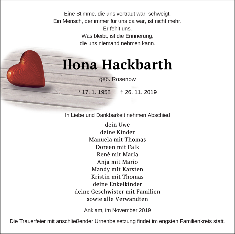  Traueranzeige für Ilona Hackbarth vom 30.11.2019 aus Vorpommern Kurier