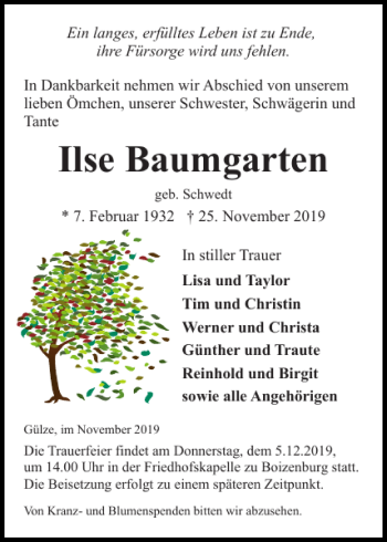 Traueranzeige von Ilse Baumgarten von Hagenower Kreisblatt