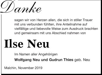 Traueranzeige von Ilse Neu von Mecklenburger Schweiz