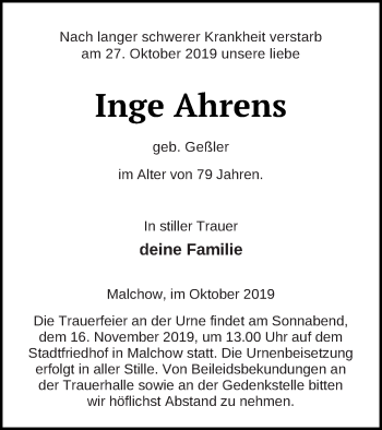 Traueranzeige von Inge Ahrens von Müritz-Zeitung
