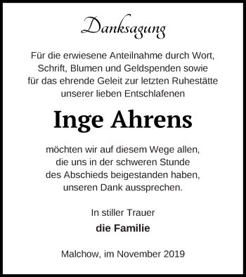 Traueranzeige von Inge Ahrens von Müritz-Zeitung