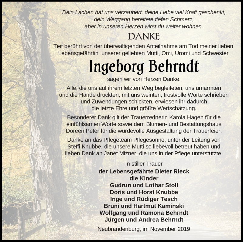 Traueranzeige für Ingeborg Behrndt vom 29.11.2019 aus Neubrandenburger Zeitung