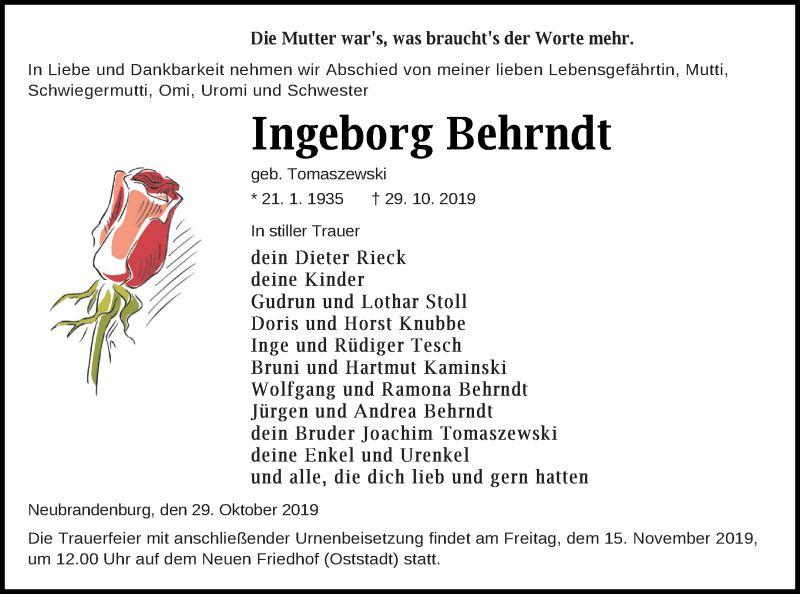  Traueranzeige für Ingeborg Behrndt vom 02.11.2019 aus Neubrandenburger Zeitung