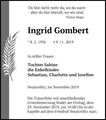 Traueranzeige von Ingrid Gombert von Strelitzer Zeitung