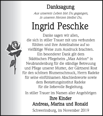 Traueranzeige von Ingrid Peschke von Vorpommern Kurier