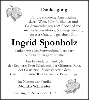 Traueranzeige von Ingrid Sponholz von Vorpommern Kurier