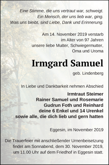 Traueranzeige von Irmgard Samuel von Haff-Zeitung