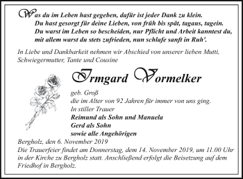 Traueranzeige von Irmgard Vormelker von Pasewalker Zeitung