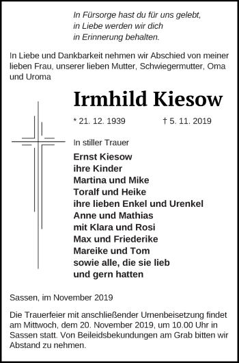 Traueranzeige von Irmhild Kiesow von Vorpommern Kurier