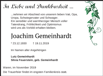 Traueranzeige von Joachim Gemeinhardt von Müritz-Zeitung