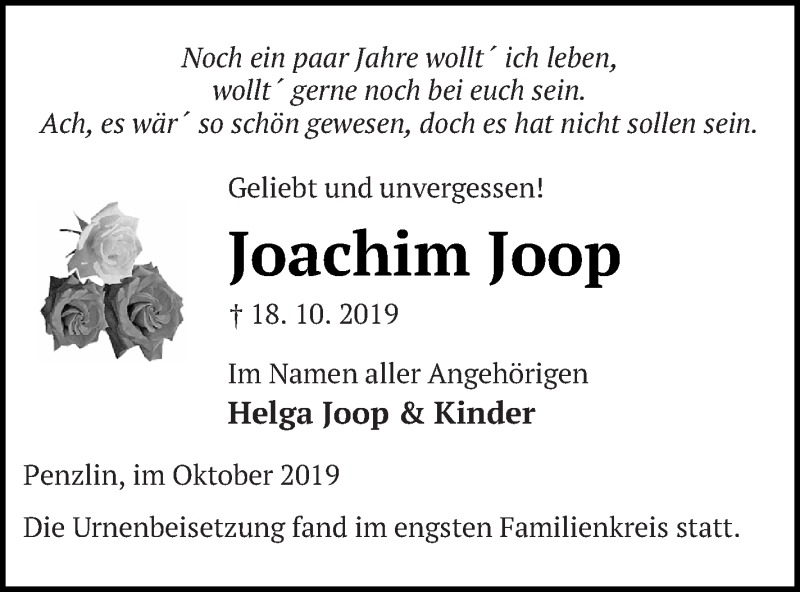  Traueranzeige für Joachim Joop vom 05.11.2019 aus Müritz-Zeitung