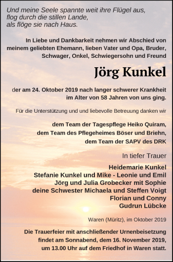 Traueranzeige von Jörg Kunkel von Müritz-Zeitung