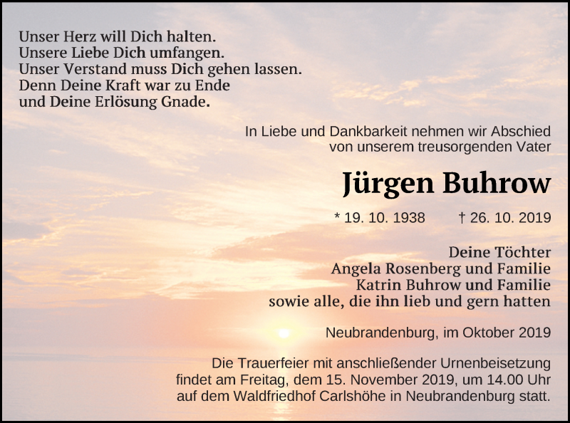  Traueranzeige für Jürgen Buhrow vom 02.11.2019 aus Neubrandenburger Zeitung