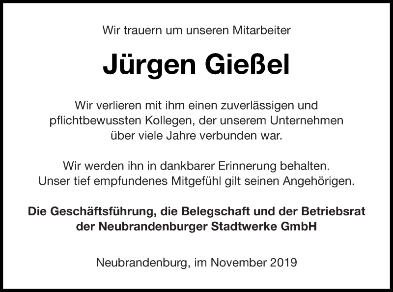  Traueranzeige für Jürgen Gießel vom 12.11.2019 aus Neubrandenburger Zeitung