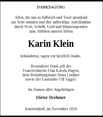 Traueranzeige von Karin Klein von Neubrandenburger Zeitung