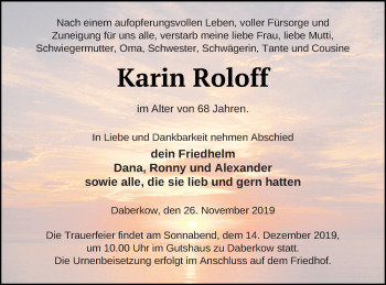 Traueranzeige von Karin Roloff von Vorpommern Kurier