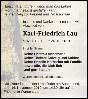 Traueranzeige von Karl-Friedrich Lau von Müritz-Zeitung