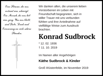 Traueranzeige von Konrad Sudbrock von Mecklenburger Schweiz