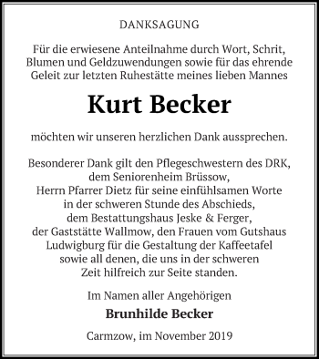 Traueranzeige von Kurt Becker von Prenzlauer Zeitung