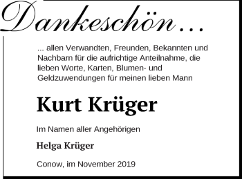 Traueranzeige von Kurt Krüger von Strelitzer Zeitung