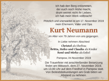 Traueranzeige von Kurt Neumann von Pasewalker Zeitung