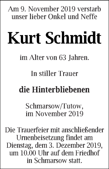 Traueranzeige von Kurt Schmidt von Vorpommern Kurier