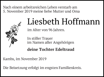 Traueranzeige von Liesbeth Hoffmann von Müritz-Zeitung