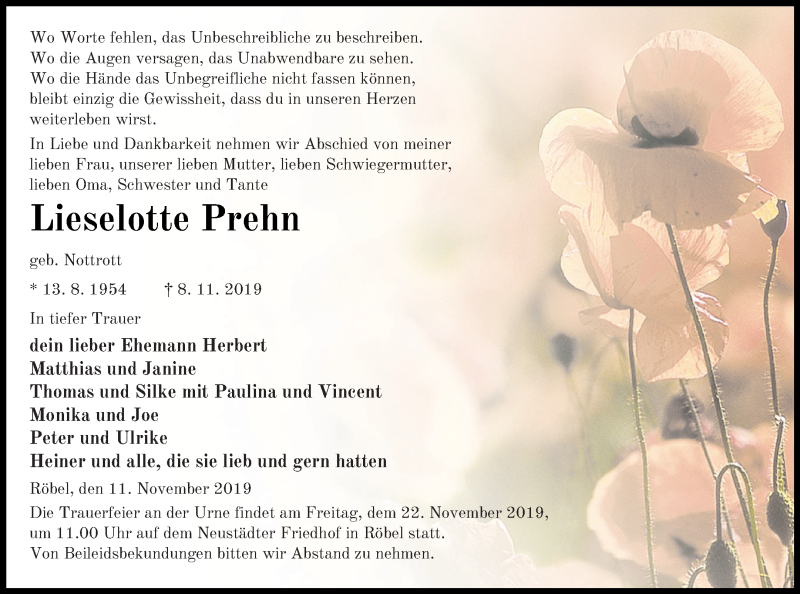  Traueranzeige für Lieselotte Prehn vom 16.11.2019 aus Müritz-Zeitung