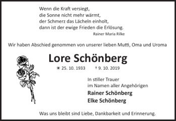 Traueranzeige von Lore Schönberg von Hagenower Kreisblatt