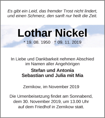 Traueranzeige von Lothar Nickel von Prenzlauer Zeitung