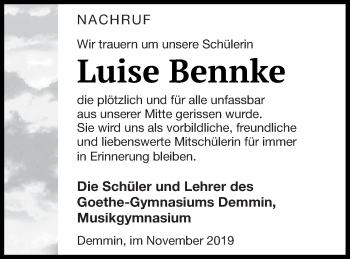 Traueranzeige von Luise Bennke von Demminer Zeitung