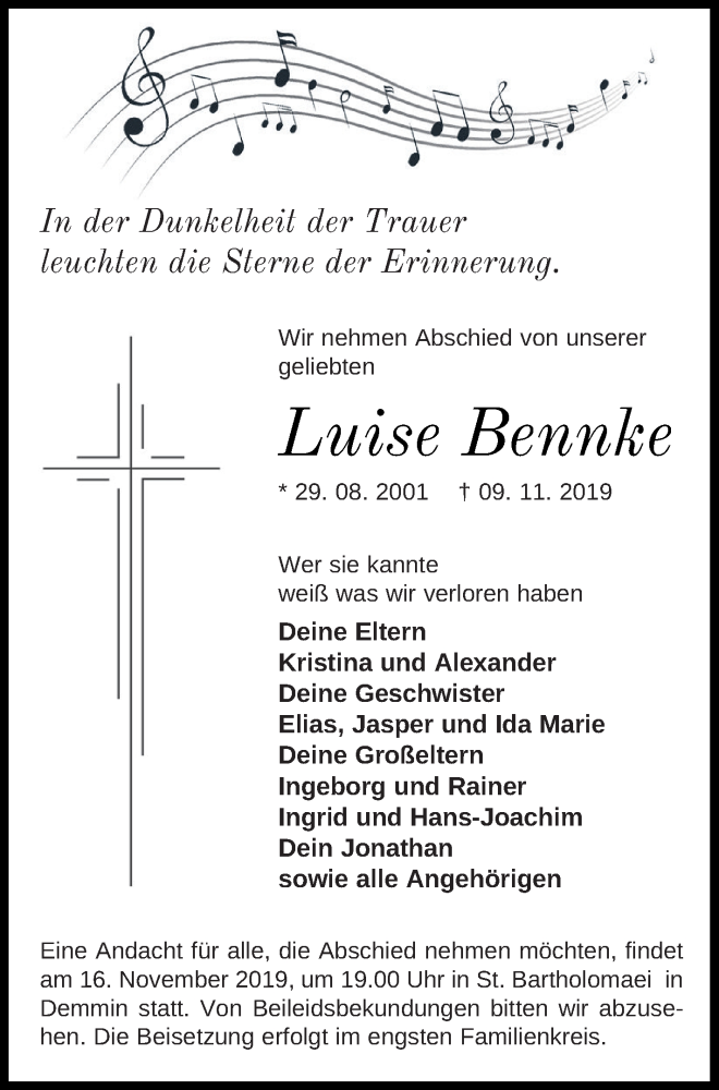  Traueranzeige für Luise Bennke vom 13.11.2019 aus Demminer Zeitung