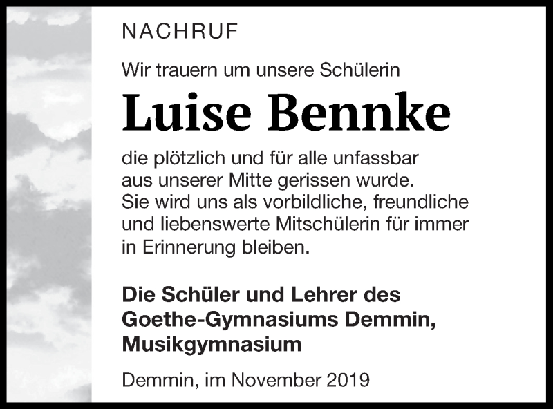  Traueranzeige für Luise Bennke vom 19.11.2019 aus Demminer Zeitung