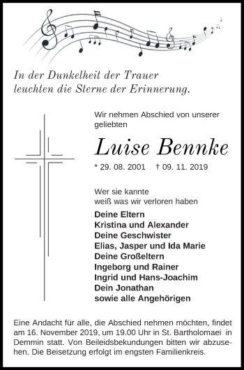 Traueranzeige von Luise Bennke von Demminer Zeitung