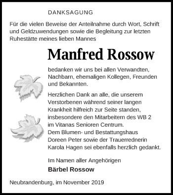 Traueranzeige von Manfred Rossow von Neubrandenburger Zeitung