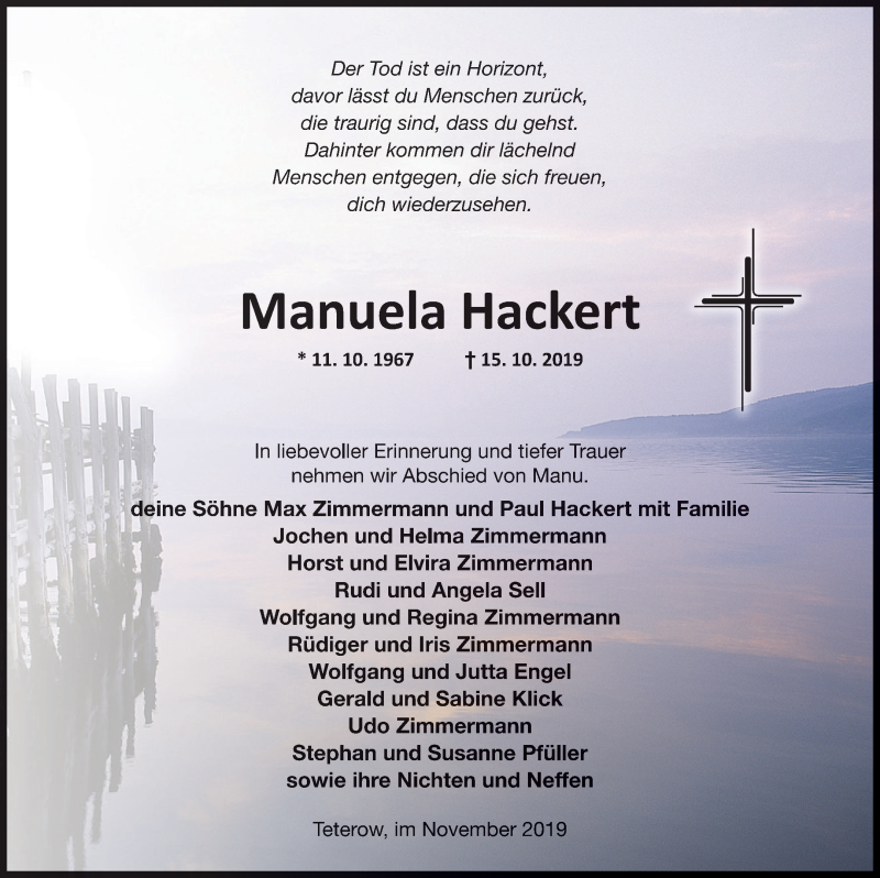  Traueranzeige für Manuela Hackert vom 13.11.2019 aus Mecklenburger Schweiz