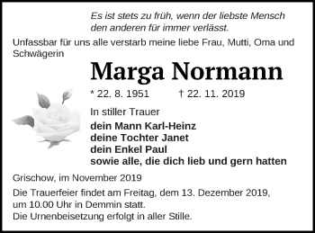 Traueranzeige von Marga Normann von Mecklenburger Schweiz