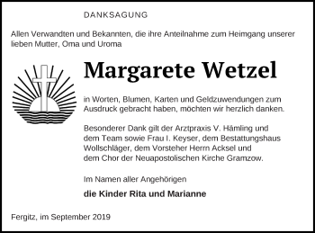 Traueranzeige von Margarete Wetzel von Prenzlauer Zeitung