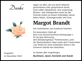 Traueranzeige von Margot Brandt von Pasewalker Zeitung