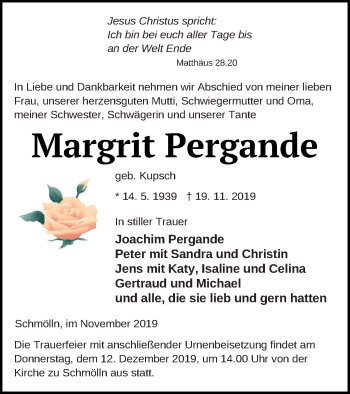 Traueranzeige von Margrit Pergande von Prenzlauer Zeitung