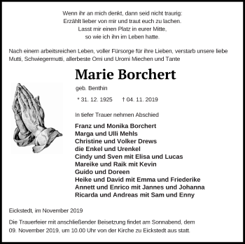 Traueranzeige von Marie Borchert von Prenzlauer Zeitung