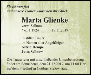 Traueranzeige von Marta Glienke von Parchimer Zeitung