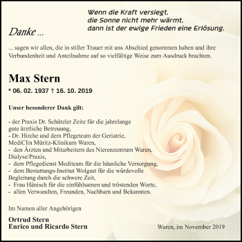 Traueranzeige von Max Stern von Müritz-Zeitung