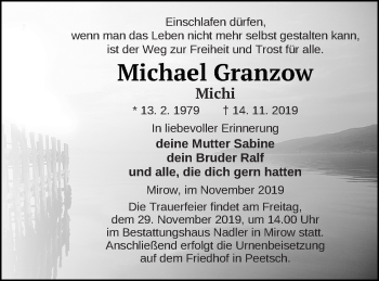 Traueranzeige von Michael Granzow von Strelitzer Zeitung