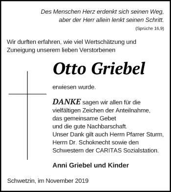 Traueranzeige von Otto Griebel von Mecklenburger Schweiz